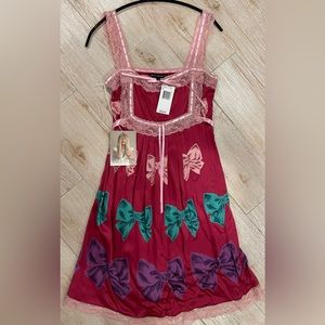 BNWT Betsey Johnson Silk Satin Bow Print Lace Trim dress RY23819 in size 2